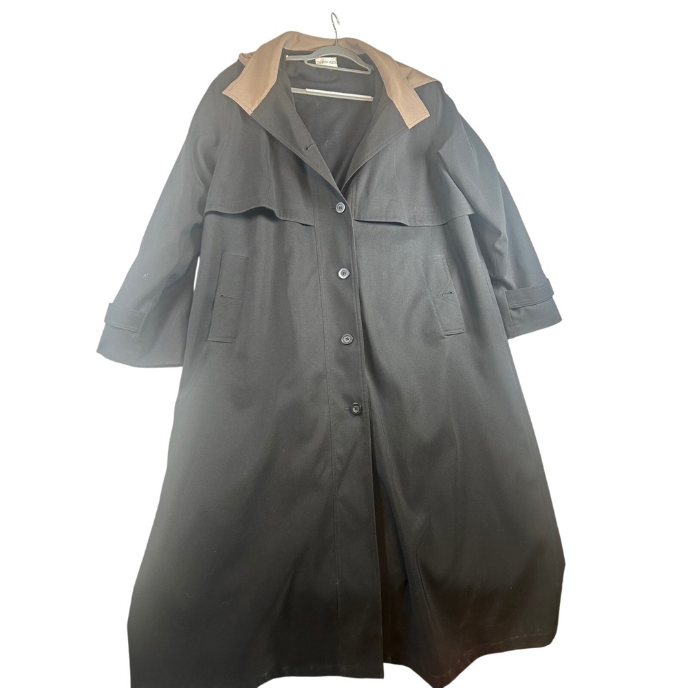 Charles Klein Vintage Black‎ Trench Coat Double Breasted Tan Collar Size 20